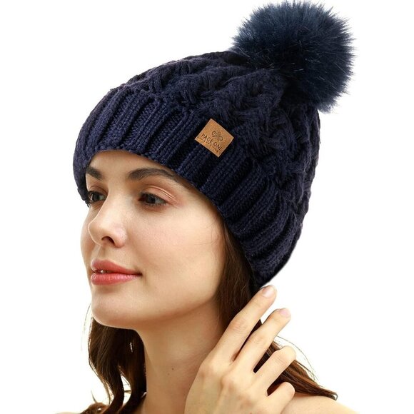 Women’s Navy Winter Ribbed Beanie Hat Chunky Cable Knit Pompom Warm